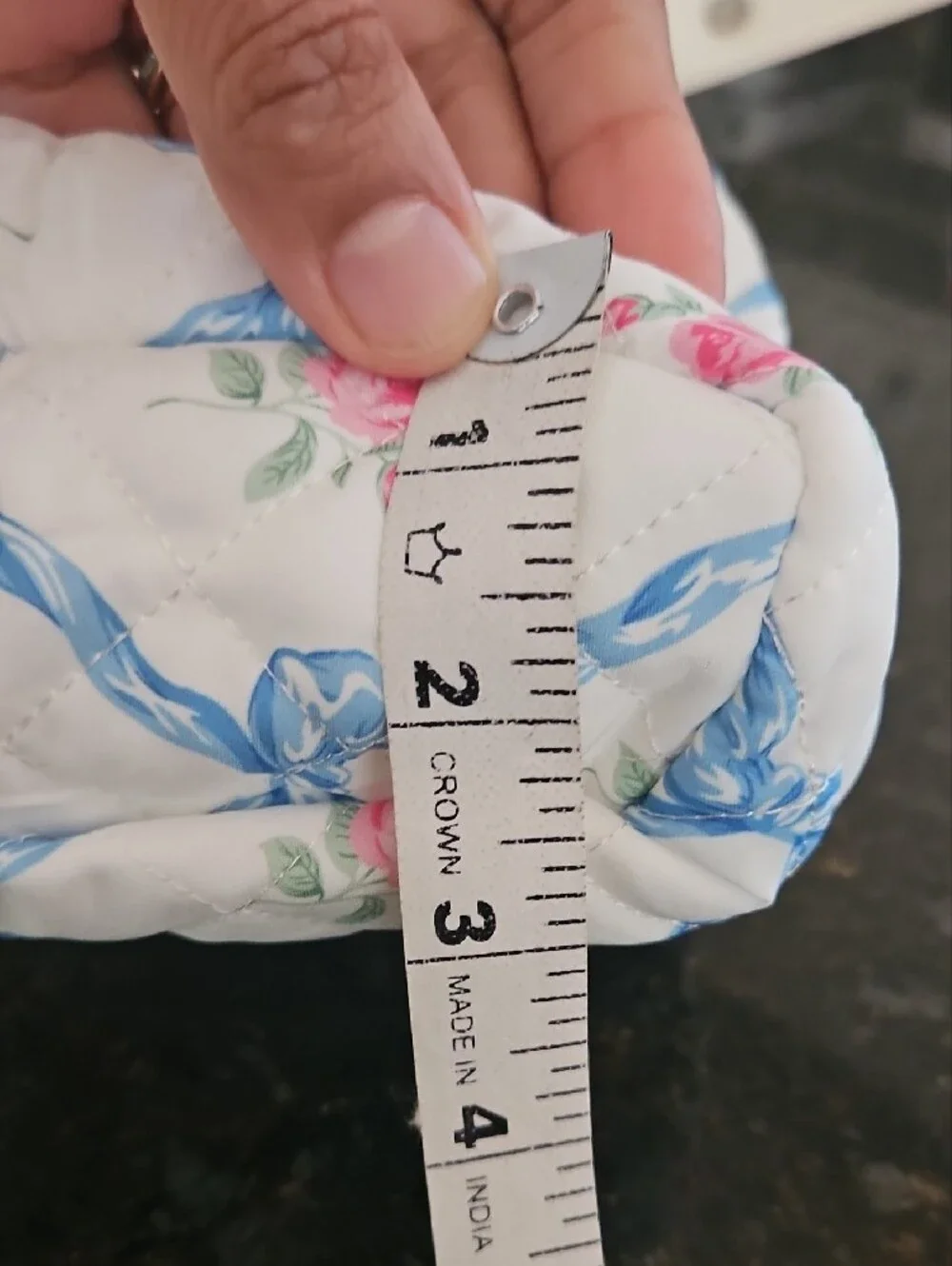 NWOT Quilted Floral Cosmetic Pouch in White with Blue Ribbon Print